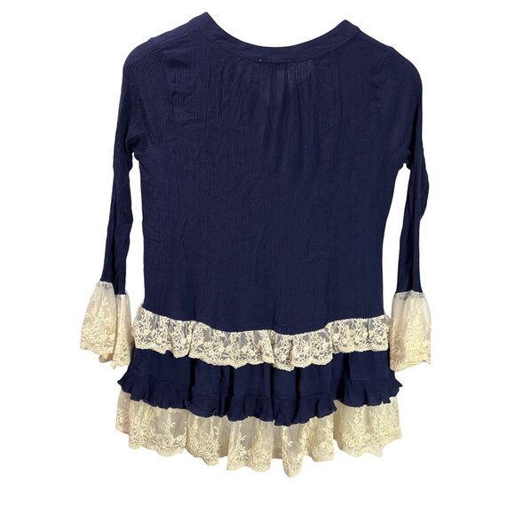 Hayden Los Angeles Gauzy Navy Blue Tunic Top Lace Ruffle Hem Sleeves S Rayon - Picture 4 of 7